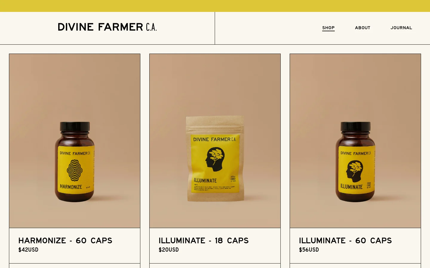 The desktop shop page features a clean, minimalist layout with a white header containing the Divine Farmer C.A. logo and navigation links for Shop, About, and Journal. Below a yellow announcement bar, products are displayed in a three-column grid, each showing a high-quality product image against a tan background, the product name, and the price in USD. A section for journal articles follows the product grid.