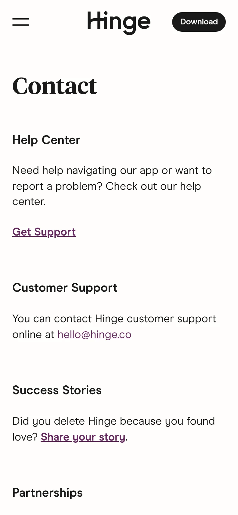 The mobile version of the Contact page maintains the minimalist white and black design but uses a hamburger menu icon on the left and a prominent black 'Download' button on the right. The content layout is vertically stacked, displaying the 'Contact' headline and the four support and partnership sections in a single column for easy scrolling.