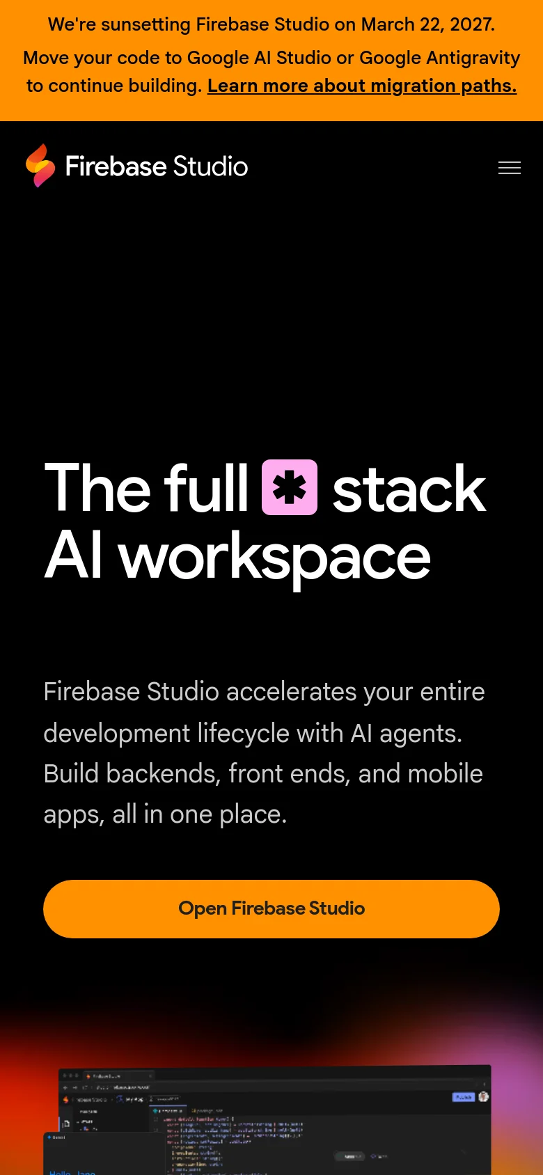 The mobile version presents a vertically stacked layout on a dark background, centering the large white headline and the orange 'Open Firebase Studio' call-to-action button. The top navigation is condensed into a hamburger menu next to the logo, while the orange sunsetting notice remains pinned at the top of the screen.