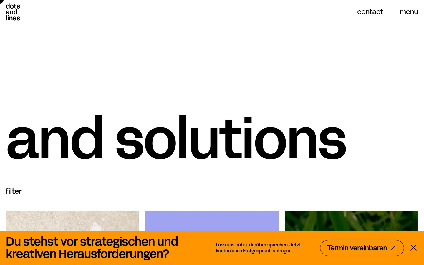 Dots and Lines solutions page featuring massive black sans-serif typography on a white background. A minimalist filter system sits above a grid of project cards showcasing diverse case studies like Berlin WelcomeCard and Apothekerkammer with high-quality photography. An orange sticky banner at the bottom invites users to book a consultation.