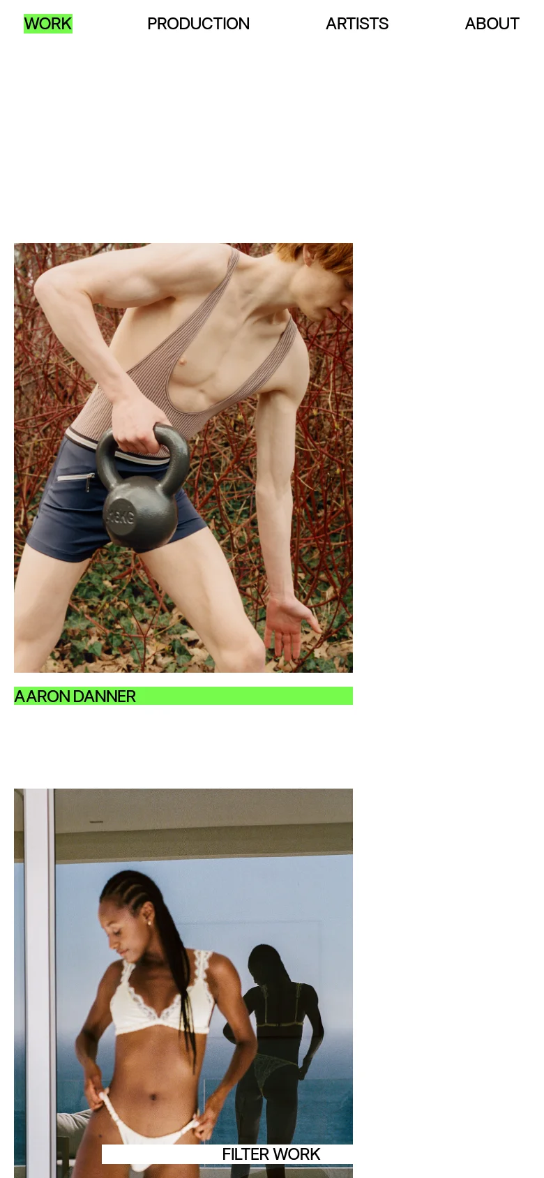 The mobile version maintains the minimalist aesthetic but uses a single-column vertical layout for the project grid to accommodate the smaller screen. The top navigation and filter options are condensed, and the project tiles appear larger and stacked, ensuring the photography remains the central focus as the user scrolls down.