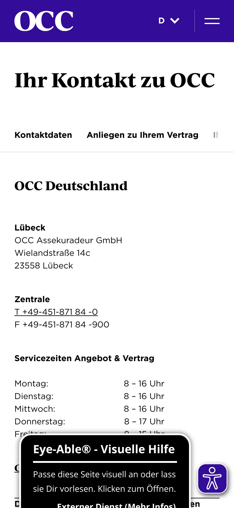 The mobile version simplifies the layout with a condensed purple header featuring the OCC logo, a language selector, and a hamburger menu icon. The main headline 'Ihr Kontakt zu OCC' is centered, followed by a horizontally scrollable sub-navigation bar. The contact details and service hours are stacked vertically for easier reading on a narrow screen, and a large accessibility widget icon is visible in the bottom right corner.