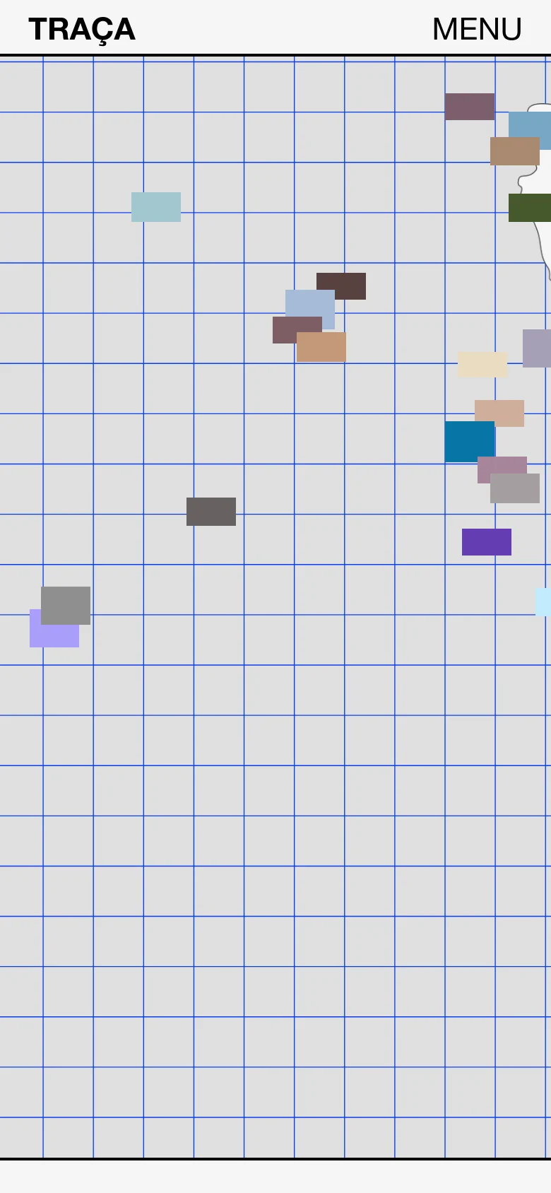 The mobile version displays a zoomed-in view of the blue grid and colorful rectangular elements, focusing on a smaller portion of the map. The top navigation is simplified with the title 'TRAÇA' and a 'MENU' button, while the bottom date-specific navigation bar is removed from the immediate view.