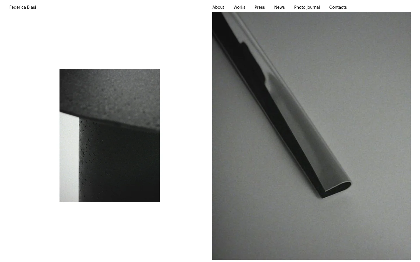 The desktop homepage features a minimalist design with a white background and a top navigation menu containing links like About, Works, and Contacts. The main content area displays large, high-quality artistic photography, including a close-up shot of a textured dark object against a neutral background.