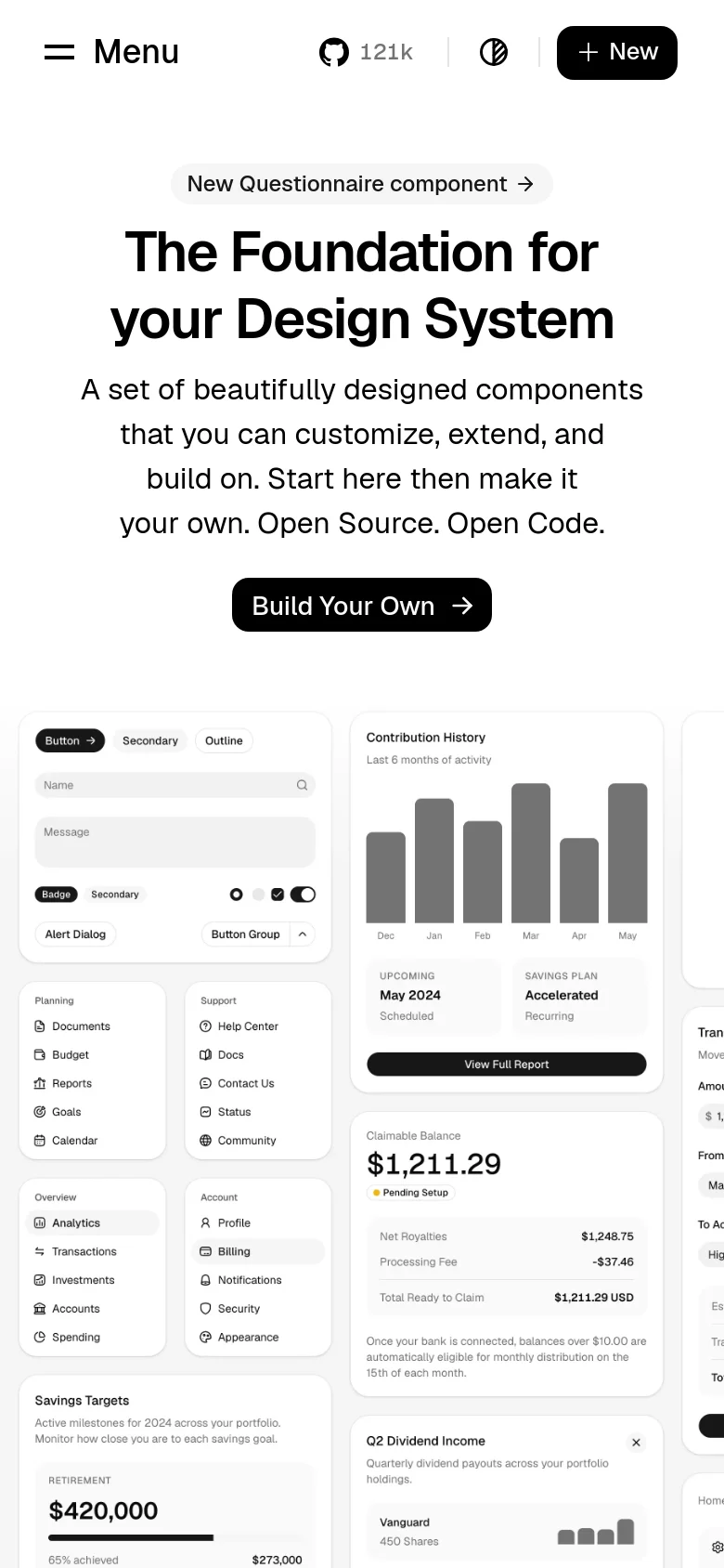 The mobile version presents a vertically stacked layout optimized for small screens. The navigation is condensed into a 'Menu' button at the top, and the hero text and 'Build Your Own' button are centered, followed by a single-column scroll of component preview cards.