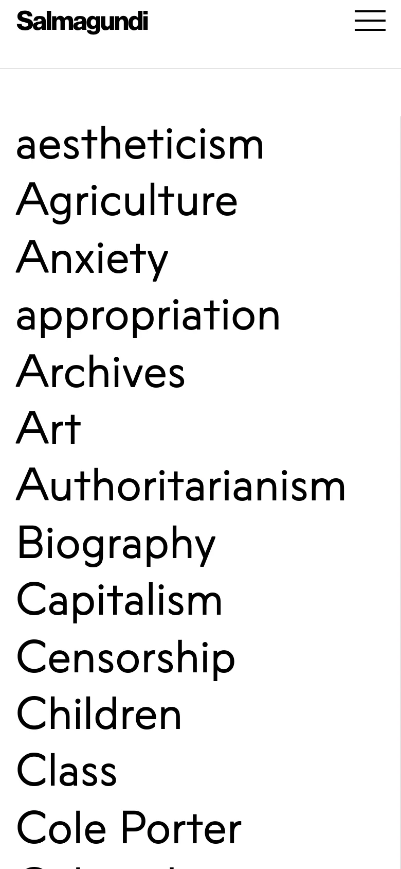 The mobile version simplifies the layout, replacing the top navigation menu with a hamburger icon in the upper right corner. The main content remains a vertical, single-column list of large, bold topic headings such as aestheticism, Agriculture, and Anxiety, optimized for scrolling on a smaller screen.