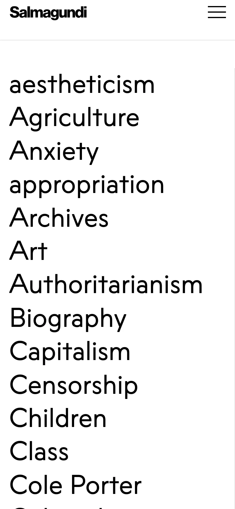 The mobile version simplifies the layout, replacing the top navigation menu with a hamburger icon in the upper right corner. The main content remains a vertical, single-column list of large, bold topic headings such as aestheticism, Agriculture, and Anxiety, optimized for scrolling on a smaller screen.