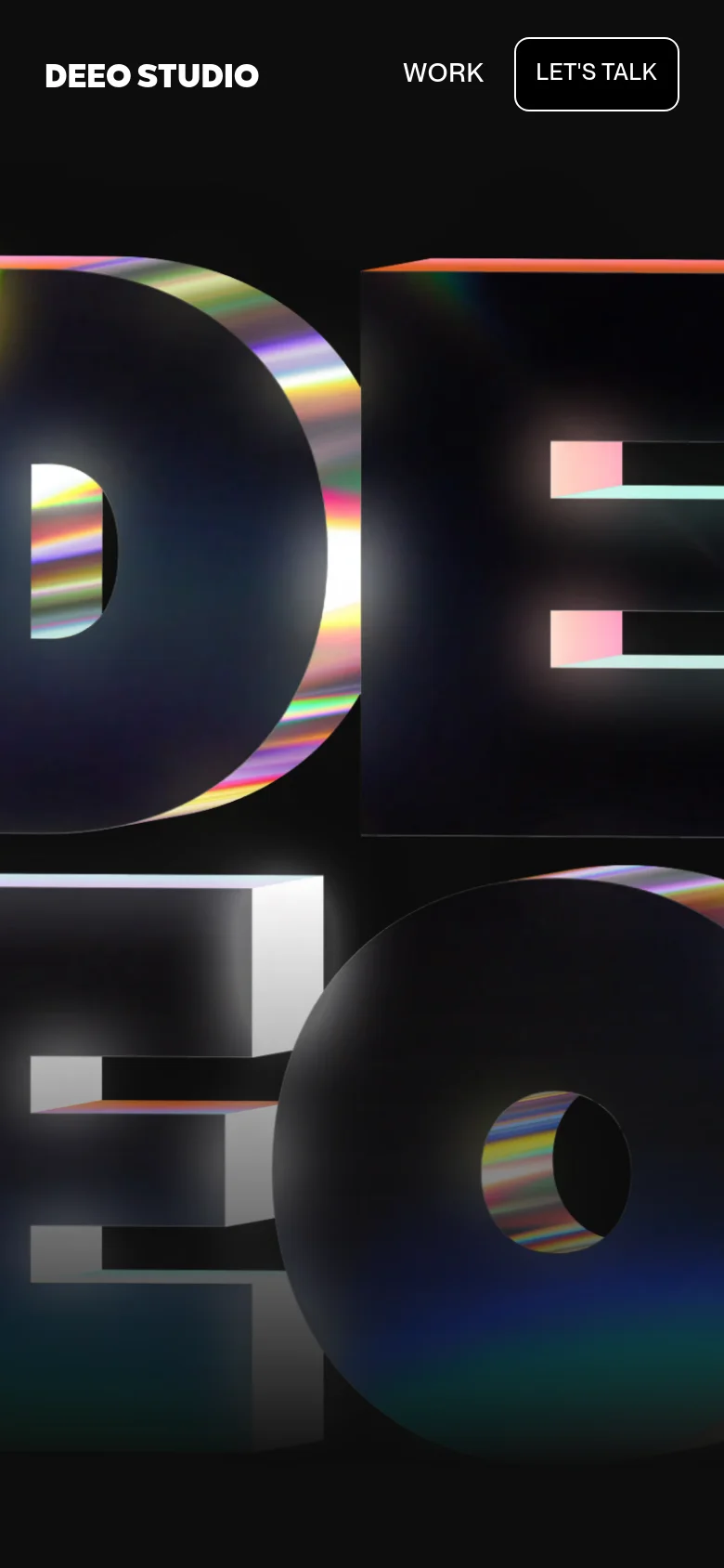 The mobile version shows a condensed view of the dark homepage, focusing on the large, colorful 3D 'DEEO' lettering. The navigation is simplified, displaying the 'DEEO STUDIO' logo on the left with 'WORK' and a 'LET'S TALK' button on the right.