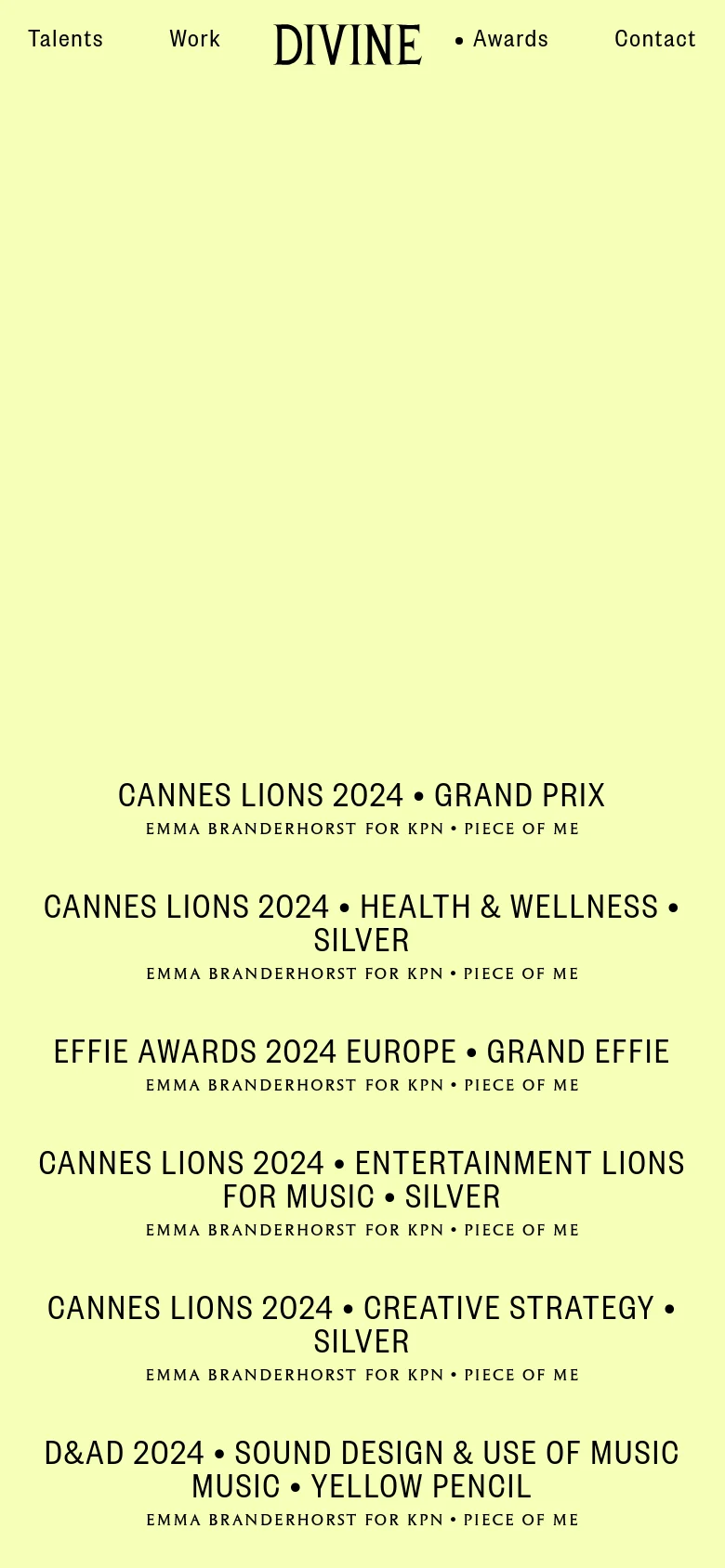 The mobile version maintains the minimalist lime green aesthetic and black text but uses a single-column layout for the award list. The navigation menu is condensed, focusing on the central list of awards which are stacked vertically for easier scrolling on a smaller screen.