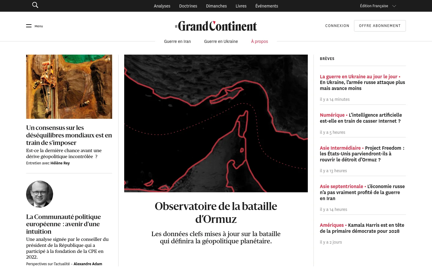 The desktop homepage features a minimalist white layout with a clean black serif logo at the top center. The main content area is divided into a large central feature with a dark map image titled 'Observatoire de la bataille d'Ormuz' and a right-hand column of text-based news briefs. A left sidebar contains smaller articles with monochromatic portrait photography and a landscape image.