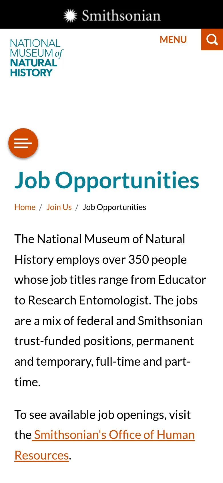 The mobile version simplifies the layout, removing the top navigation bar and replacing it with a white header containing the museum logo and a large orange 'MENU' button. The 'Job Opportunities' headline and descriptive text are stacked vertically, occupying the center of the screen with increased font size for readability on smaller displays.