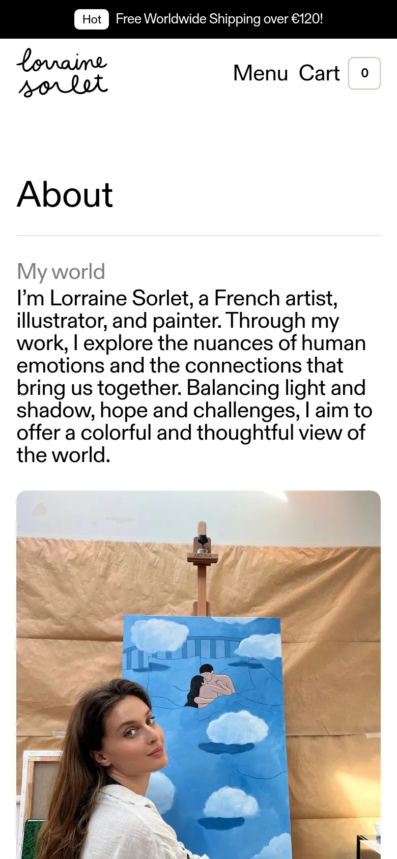 The mobile version maintains the white background and 'About' heading but simplifies the navigation into a 'Menu' link alongside the logo and cart icon. The text and portrait image are stacked vertically, with the image appearing larger relative to the screen width compared to the desktop view.