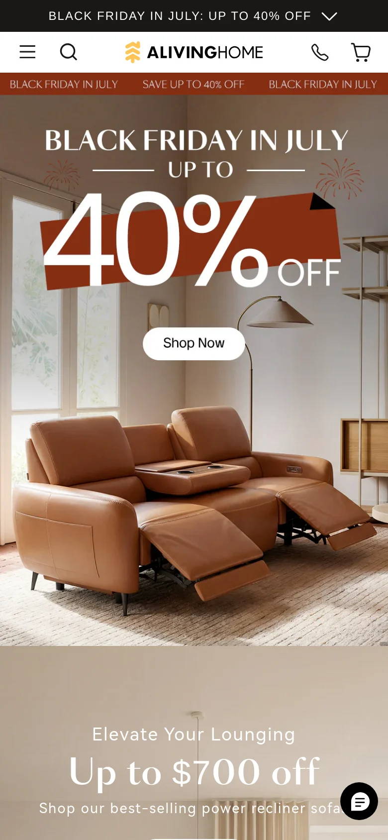 The mobile version presents a vertically stacked layout, starting with a condensed header containing a hamburger menu, search icon, logo, and cart. The hero section features the same 'Black Friday in July' 40% off promotion with a large 'Shop Now' button centered over the tan leather sofa image. The promotional text and imagery are scaled down to fit the narrow screen width.