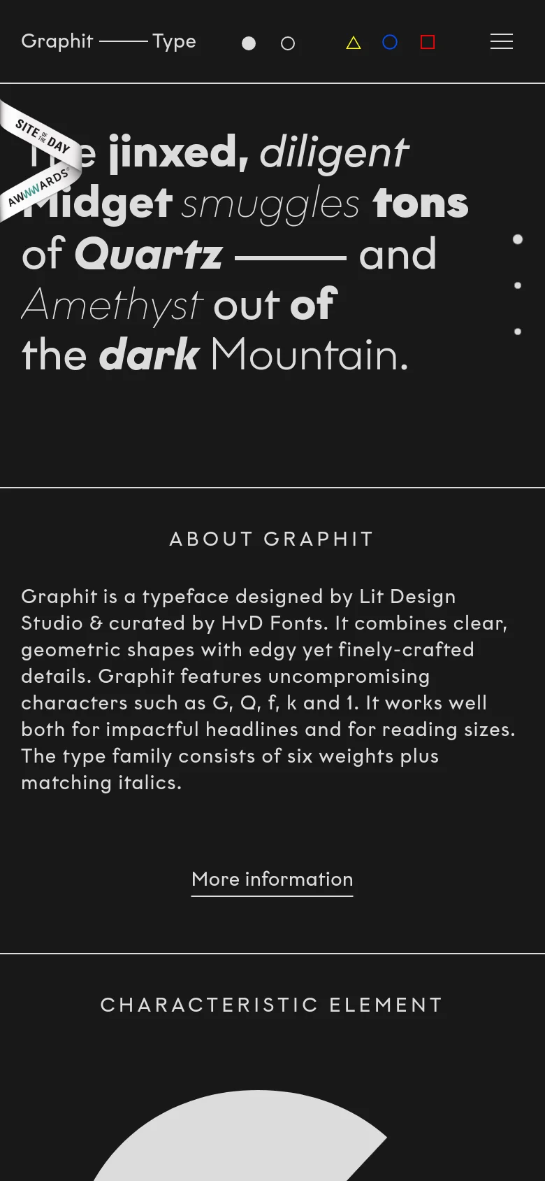 The mobile version simplifies the layout into a single column with a condensed navigation menu represented by a hamburger icon. The large typographic hero text remains central, but the top navigation links are replaced by small icons and a menu button to save space on the smaller screen.