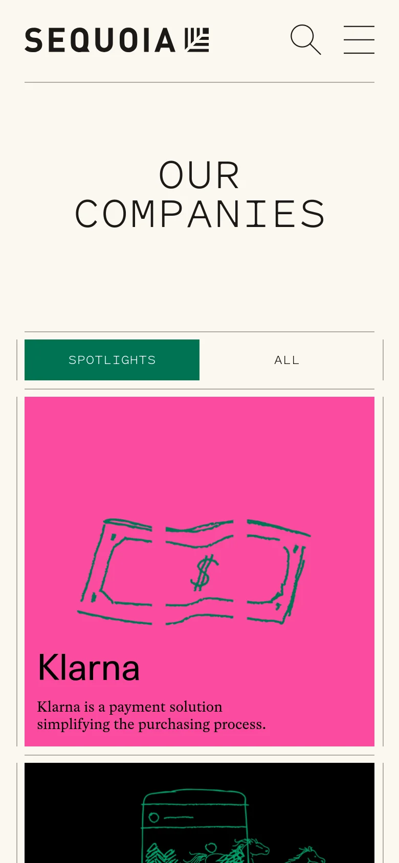 The mobile version maintains the minimalist aesthetic but uses a vertical layout. The 'OUR COMPANIES' headline is centered at the top, followed by a simplified horizontal filter bar with 'SPOTLIGHTS' and 'ALL' options. The company cards, like the pink Klarna card, are stacked vertically to fit the narrow screen width.
