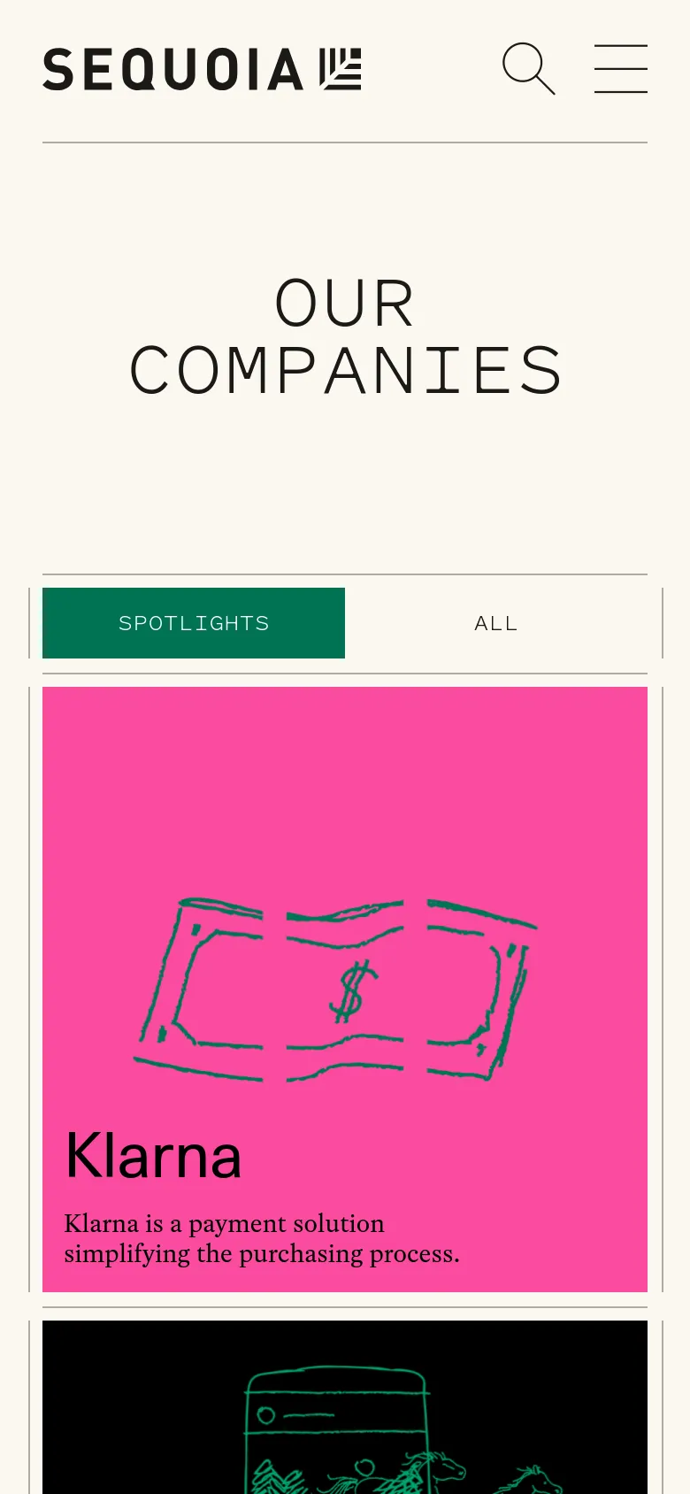 The mobile version maintains the minimalist aesthetic but uses a vertical layout. The 'OUR COMPANIES' headline is centered at the top, followed by a simplified horizontal filter bar with 'SPOTLIGHTS' and 'ALL' options. The company cards, like the pink Klarna card, are stacked vertically to fit the narrow screen width.