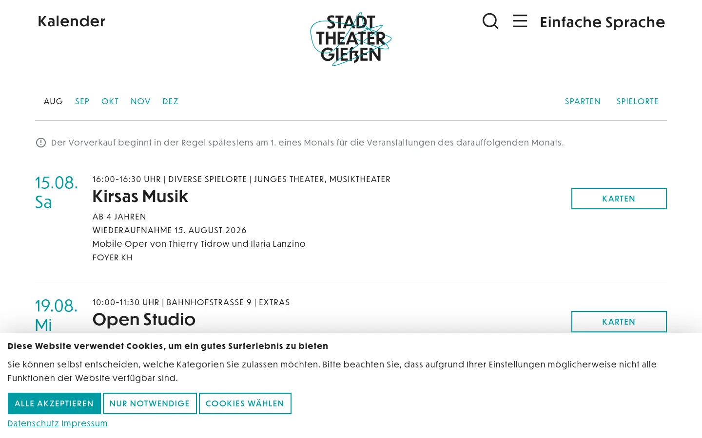 The desktop calendar page features a clean white background with the Stadttheater Gießen logo centered at the top. A horizontal navigation bar allows users to filter by month, genre (Sparten), and venue (Spielorte). Below, event listings are organized vertically, showing the date in large blue text on the left, followed by event titles, times, descriptions, and teal 'Karten' (Tickets) buttons on the right.