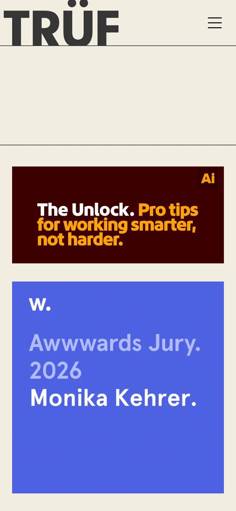 The mobile version shows a simplified header with the 'TRÜF' logo and a hamburger menu icon on the right. The content transitions to a single-column vertical stack, beginning with the maroon 'The Unlock' card followed by a large blue card for the 'Awwwards Jury 2026'.