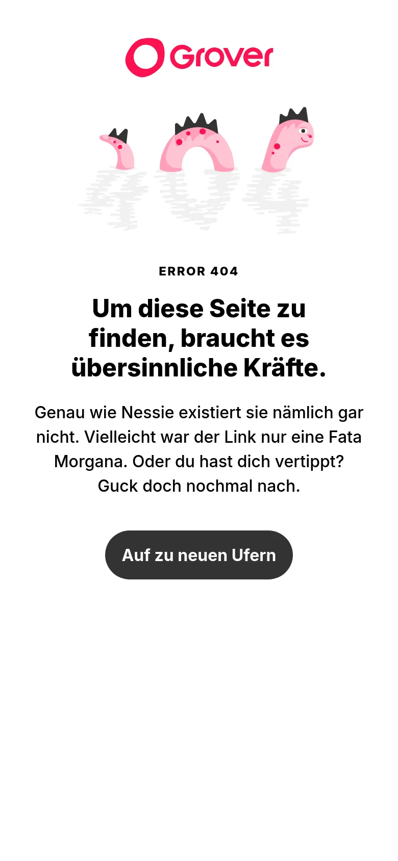 The mobile version maintains the same minimalist white layout and content as the desktop version. The elements are vertically stacked and centered, with the pink monster illustration, error text, and dark call-to-action button scaled to fit the narrower screen width.