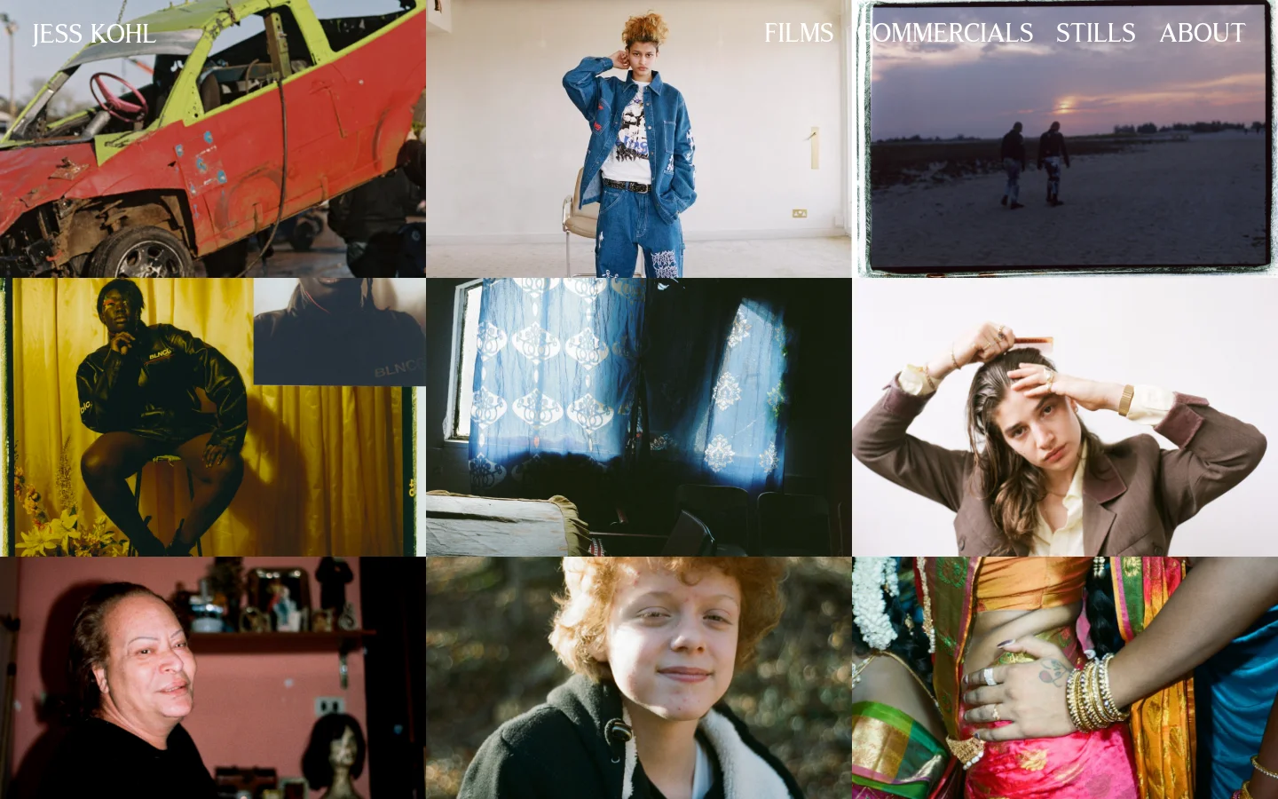 A minimalist portfolio page for Jess Kohl featuring a grid of various photography stills. The layout consists of a clean white navigation menu at the top and a multi-column masonry-style grid of rectangular images with diverse subjects, colors, and moods. The background is white, creating a gallery-like feel.