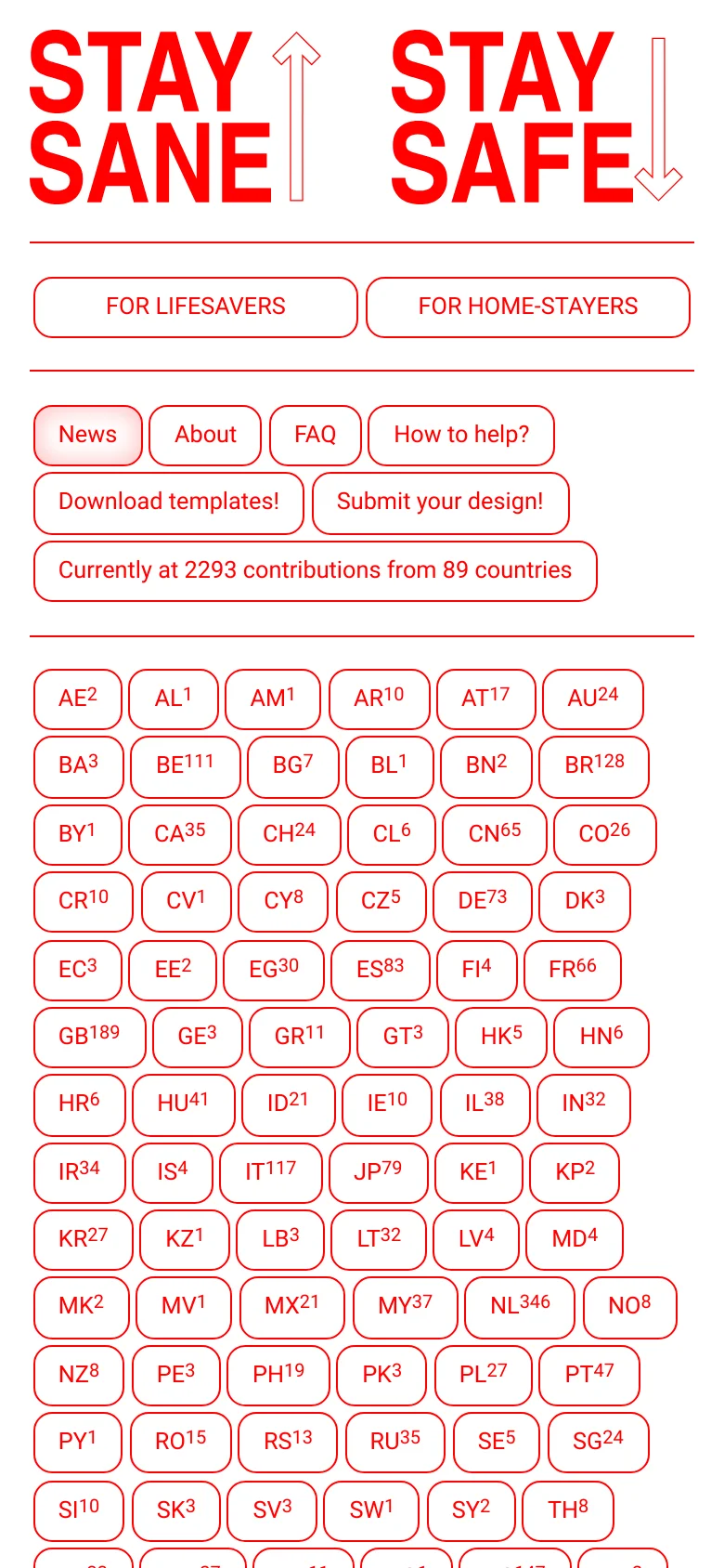 The mobile version presents a simplified vertical layout with the large red title at the top. The navigation buttons and alphanumeric tags are stacked vertically, and the poster gallery follows below, maintaining the white background and red accent colors.