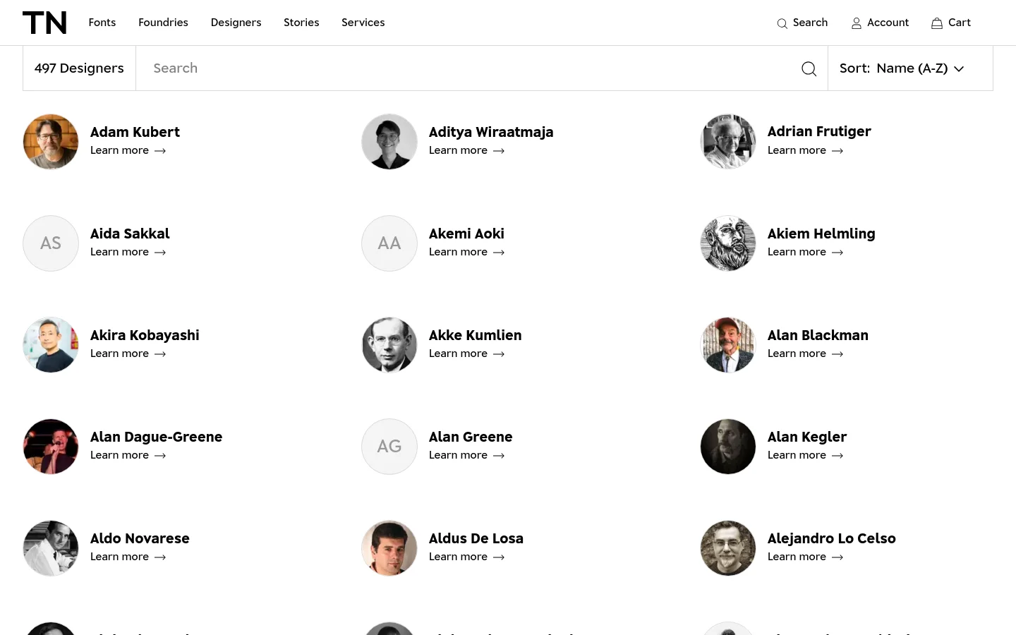 The desktop page displays a directory of 497 designers on a white background. A header includes navigation links and a search bar with a sort dropdown, followed by a grid of designer profiles featuring circular portraits, names, and 'Learn more' links.