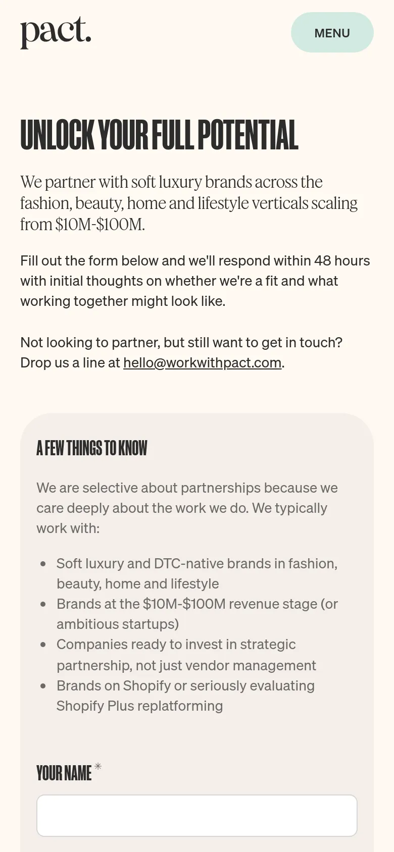 The mobile version presents a single-column layout with the bold headline and introductory text stacked vertically. Below the text, the 'A FEW THINGS TO KNOW' gray card and the contact form fields are arranged in a continuous vertical scroll. The Pact logo and a rounded 'MENU' button are positioned at the top and bottom of the view.