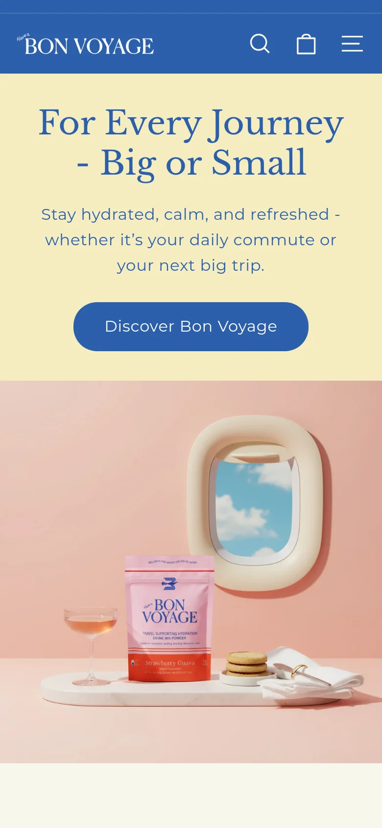 The mobile version uses a stacked layout with the headline, subtext, and 'Discover Bon Voyage' button positioned above the hero lifestyle image. The blue header is condensed, featuring the brand logo, a search icon, a shopping bag icon, and a hamburger menu icon for navigation.