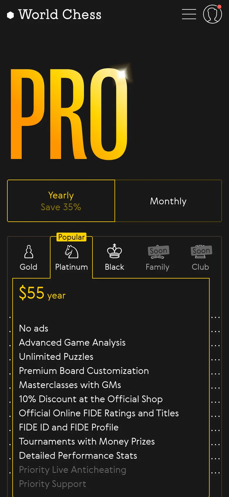 The mobile version uses a vertical layout with the large gold 'PRO' header at the top. Users can toggle between 'Yearly' and 'Monthly' billing, followed by a horizontal scrolling menu of subscription tiers including Gold, Platinum, and Black. The selected Platinum tier expands downward to show its $55/year price and a detailed list of included features.