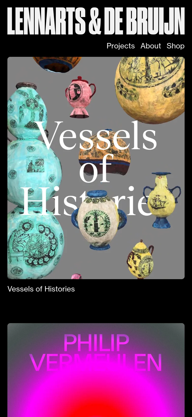 The mobile version maintains the high-contrast black and white aesthetic but shifts to a single-column vertical layout. The large brand logo remains at the top, followed by a simplified navigation menu and large project tiles stacked vertically, making the imagery and titles easier to view on a narrow screen.
