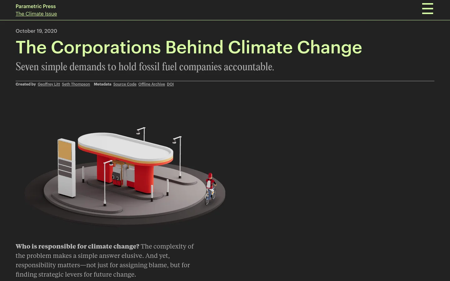 A desktop webpage for Parametric Press featuring a dark theme with white and light green text. The headline reads 'The Corporations Behind Climate Change' above an illustration of a stylized red and white gas station with a person on a bicycle. A navigation menu is at the top left, and metadata links are positioned below the subheadline.