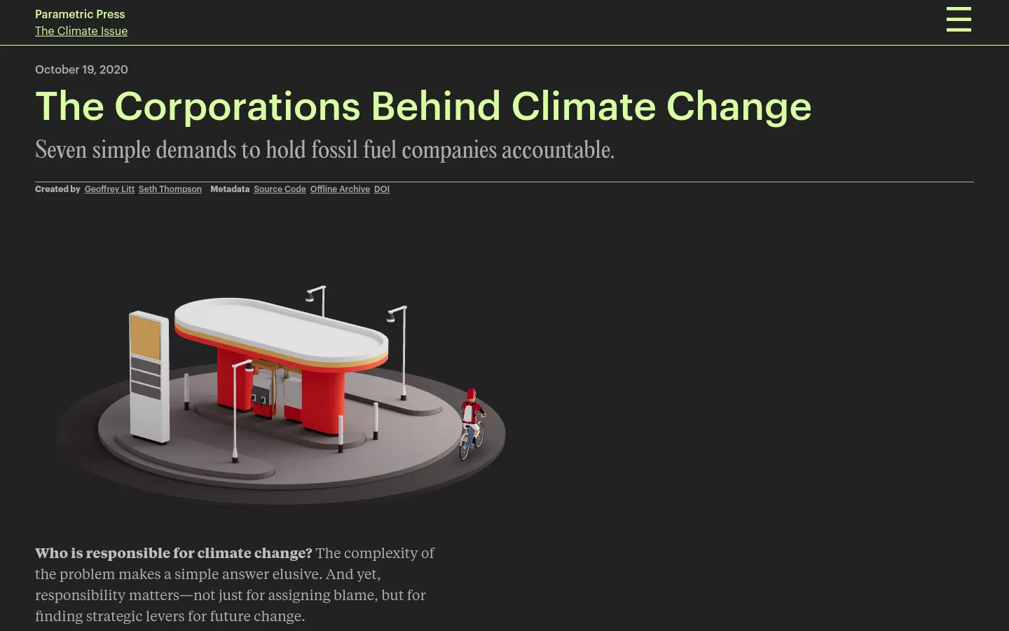 A desktop webpage for Parametric Press featuring a dark theme with white and light green text. The headline reads 'The Corporations Behind Climate Change' above an illustration of a stylized red and white gas station with a person on a bicycle. A navigation menu is at the top left, and metadata links are positioned below the subheadline.