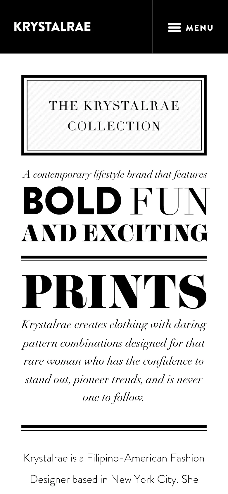 The mobile version uses a stacked layout with a black header containing the brand name and a hamburger menu icon. The content features a framed title 'THE KRYSTALRAE COLLECTION' followed by large, high-contrast typography emphasizing 'BOLD FUN AND EXCITING PRINTS' in a vertical orientation.