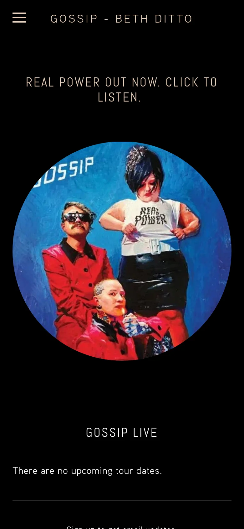 The mobile version maintains the black background and gold text but uses a vertical layout. The headline 'REAL POWER OUT NOW' is positioned above a large circular image of the band, followed by the 'GOSSIP LIVE' section below.