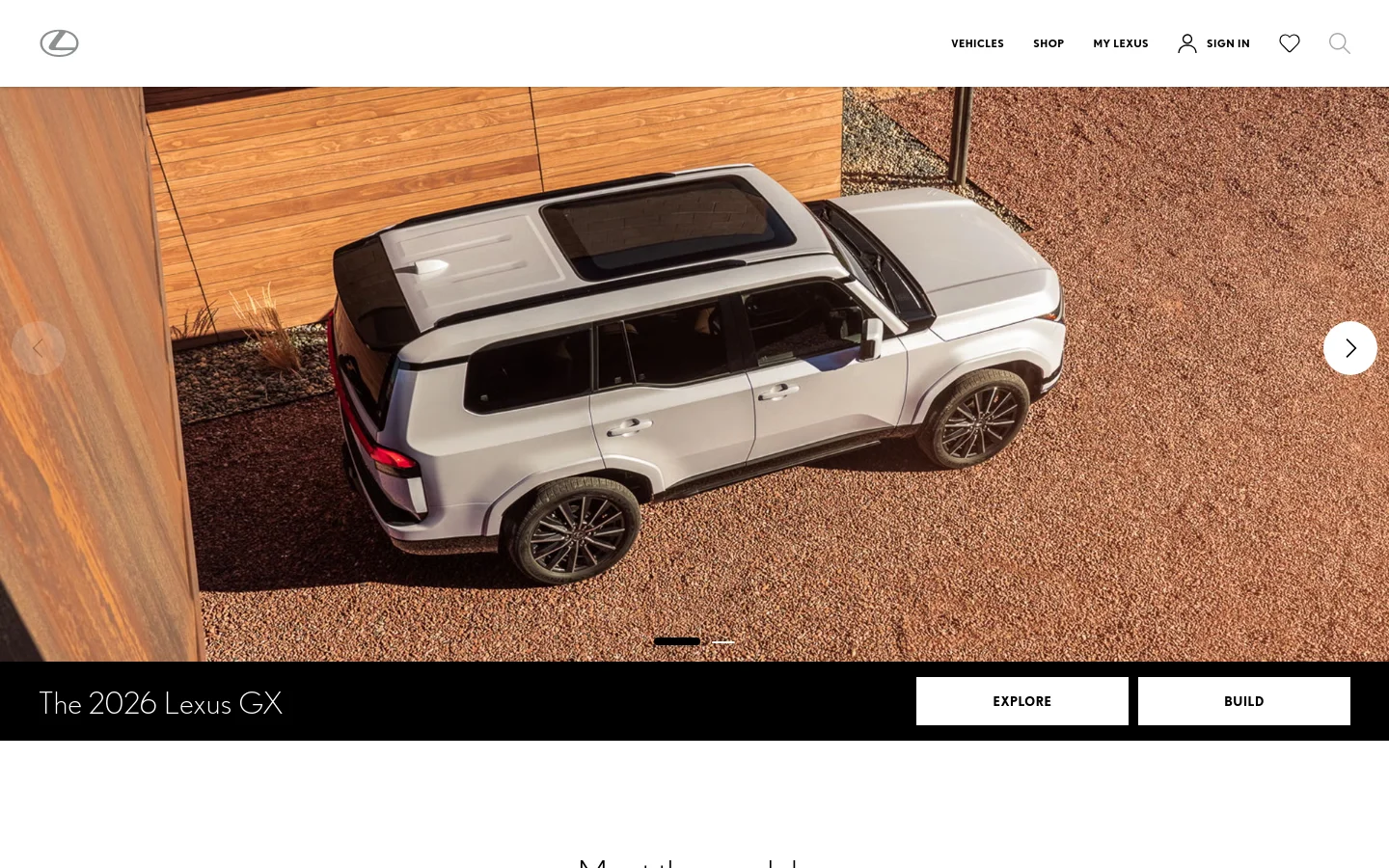 The Lexus homepage features a large hero carousel showcasing luxury vehicles like the 2026 Lexus GX against modern architectural backgrounds. A top navigation bar includes links for Vehicles, Shop, and My Lexus, while a 'Meet the models' section below displays a grid of various SUV and sedan models. The design uses a clean, high-contrast aesthetic with white, black, and neutral tones.