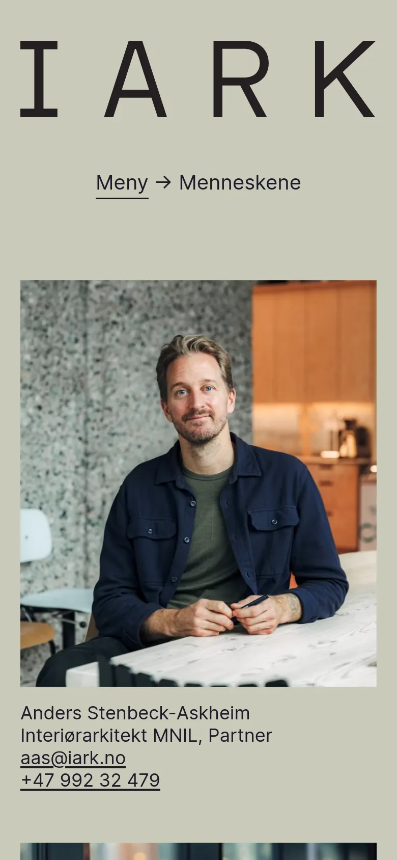 The mobile version simplifies the layout, displaying a large 'IARK' logo and a single 'Meny' navigation link at the top. The content shifts from a grid to a vertical stack, showing one large portrait of a team member at a time with their professional details listed directly underneath. The sage green background and minimalist aesthetic remain consistent with the desktop version.