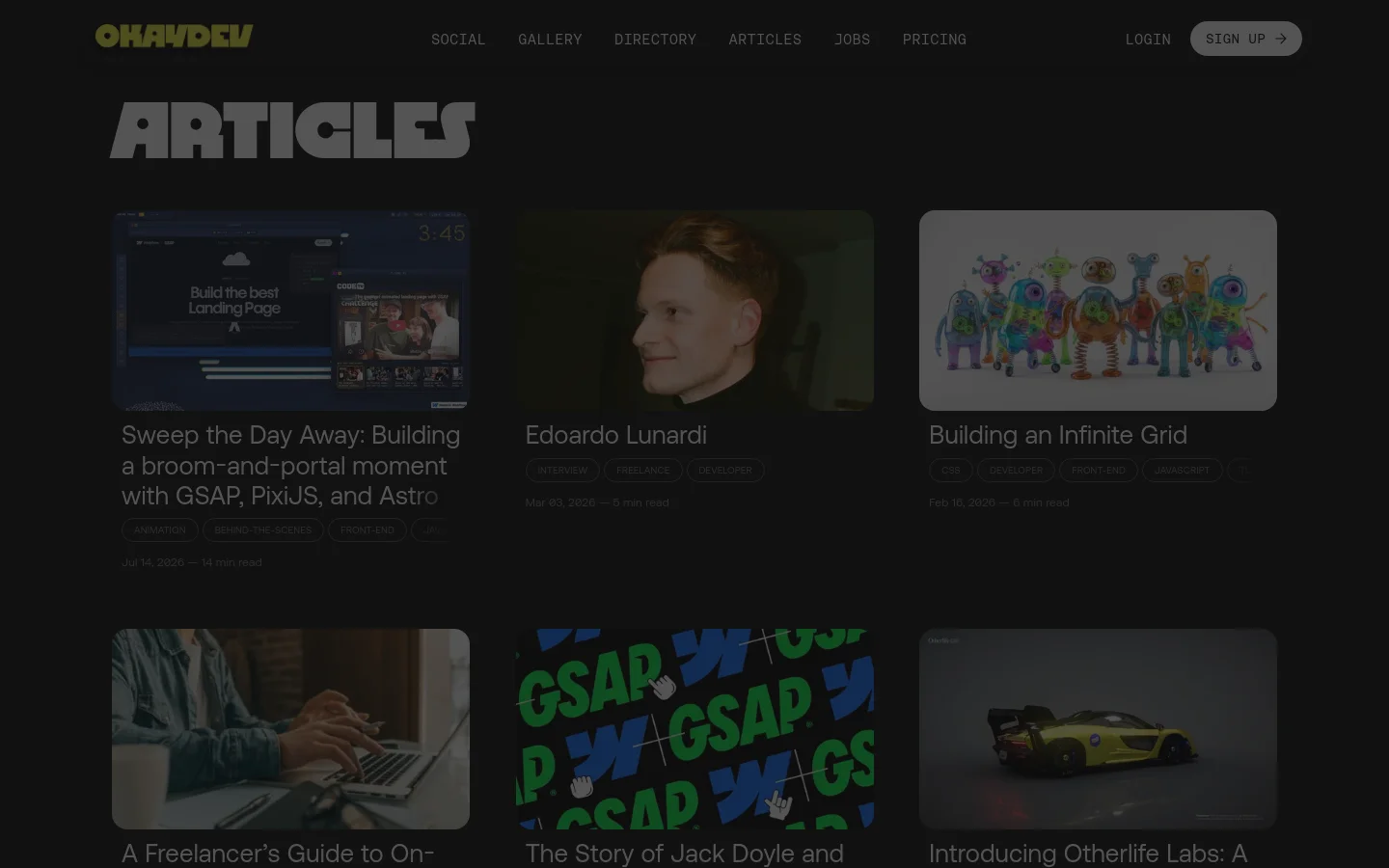 The desktop version of the Articles page features a dark theme with a large, bold 'ARTICLES' heading. A grid layout displays article cards, each containing a large cover image, a title, category tags, and metadata like date and read time. The navigation bar at the top includes links for Social, Gallery, Directory, Articles, Jobs, and Pricing, alongside a Sign Up button.