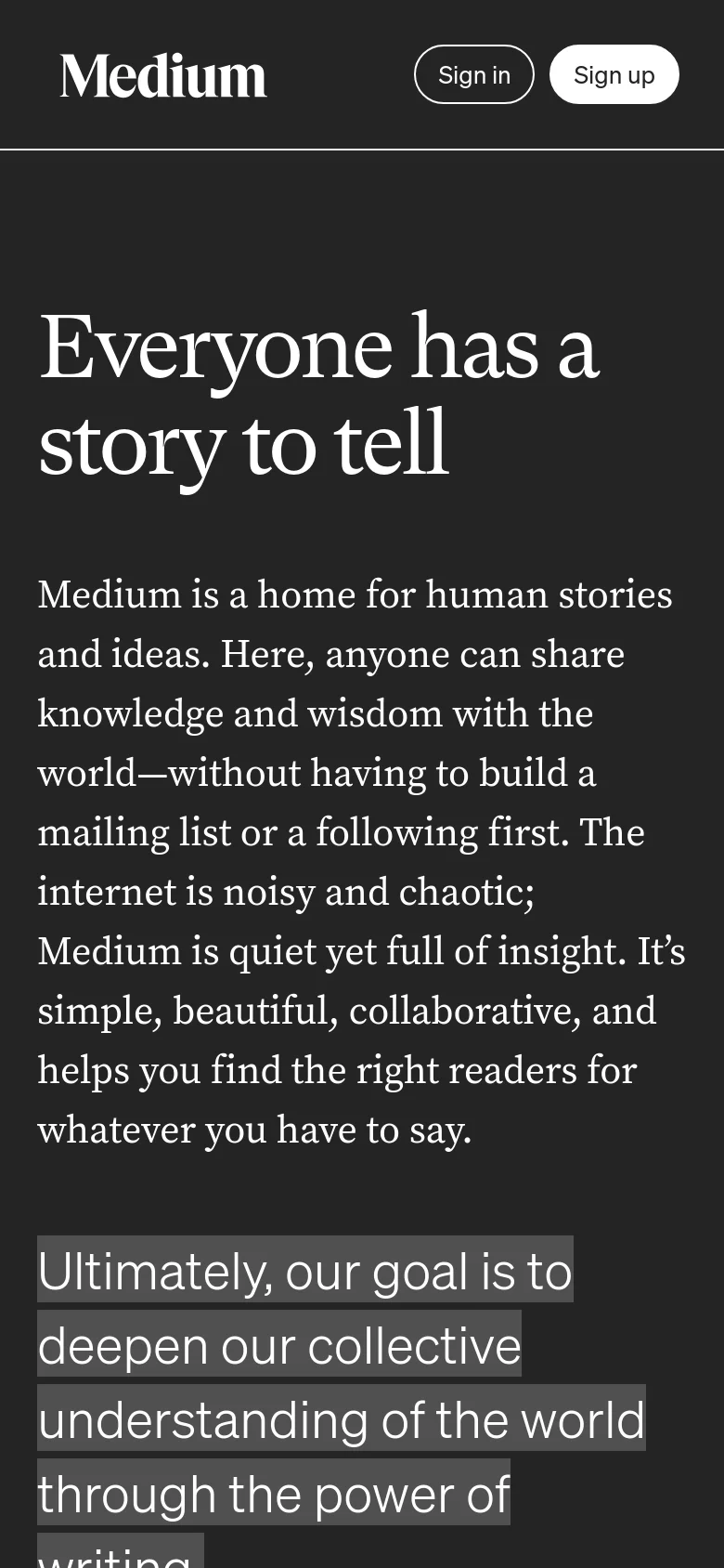 The mobile version maintains the dark theme and white serif text but uses a vertical single-column layout. The headline 'Everyone has a story to tell' is prominently displayed at the top, followed by the mission statement and a simplified navigation bar with 'Sign in' and 'Sign up' buttons.