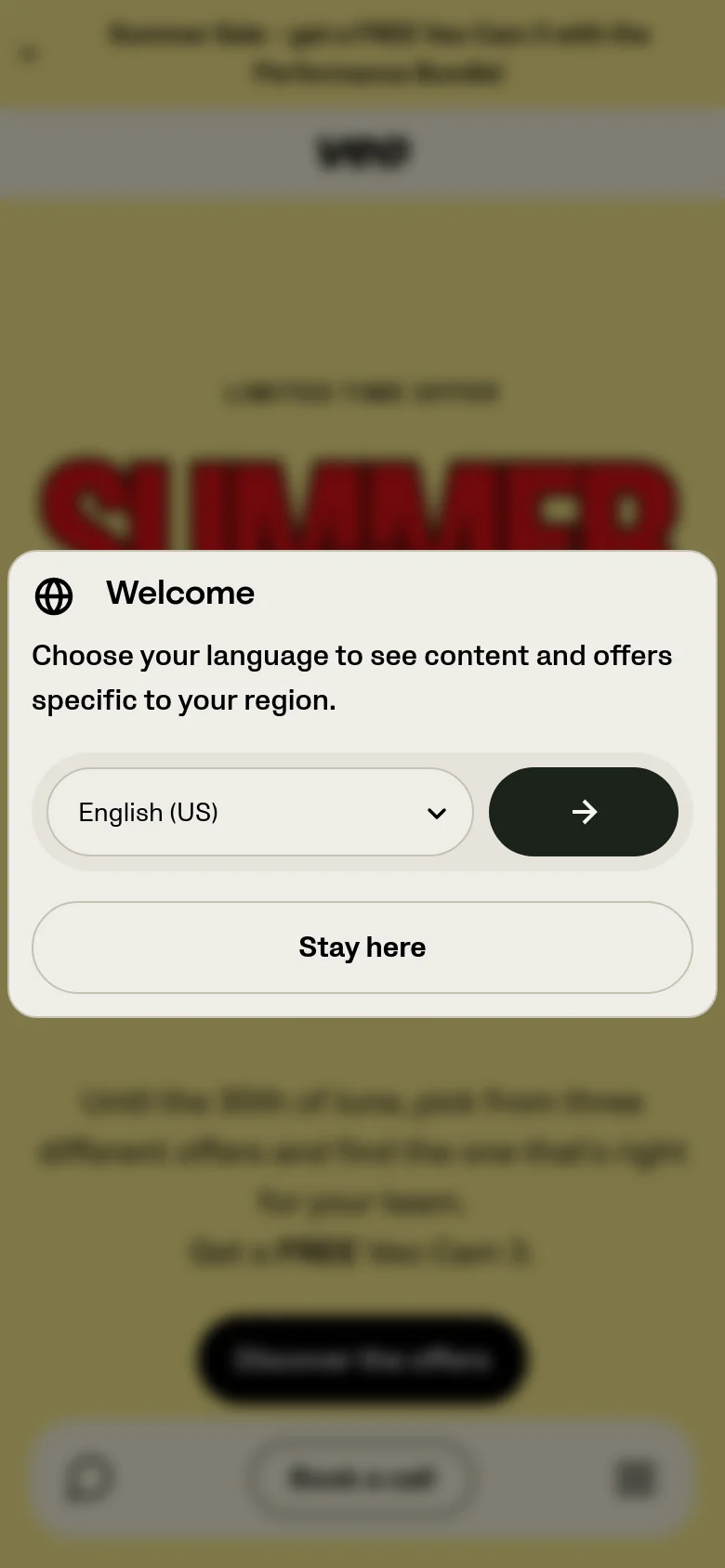 The mobile version presents a vertically stacked layout with a similar light yellow background and a prominent 'Welcome' language selection modal. The modal occupies most of the screen width, containing a language dropdown, a black circular arrow button, and a large 'Stay here' button. The background content is heavily blurred, showing a simplified view of the sale headline and a black 'Discover the offers' button at the bottom.