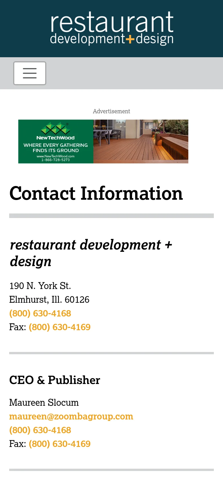 The mobile version presents a simplified layout with a hamburger menu icon in a light gray header. The NewTechWood advertisement is stacked vertically above the Contact Information heading, and the contact details are displayed in a single-column format for easier scrolling on small screens.