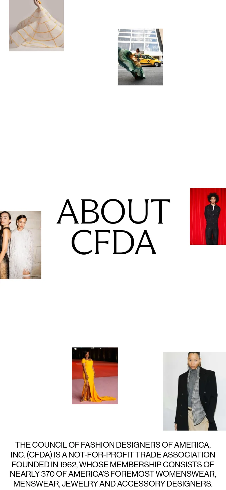 The mobile version maintains the minimalist aesthetic with the large 'ABOUT CFDA' headline centered on a white background. The layout is more vertically oriented, with the fashion photography stacked or positioned more tightly around the text to fit the narrower screen. The dominant colors remain black, white, and the vibrant hues from the editorial photography.