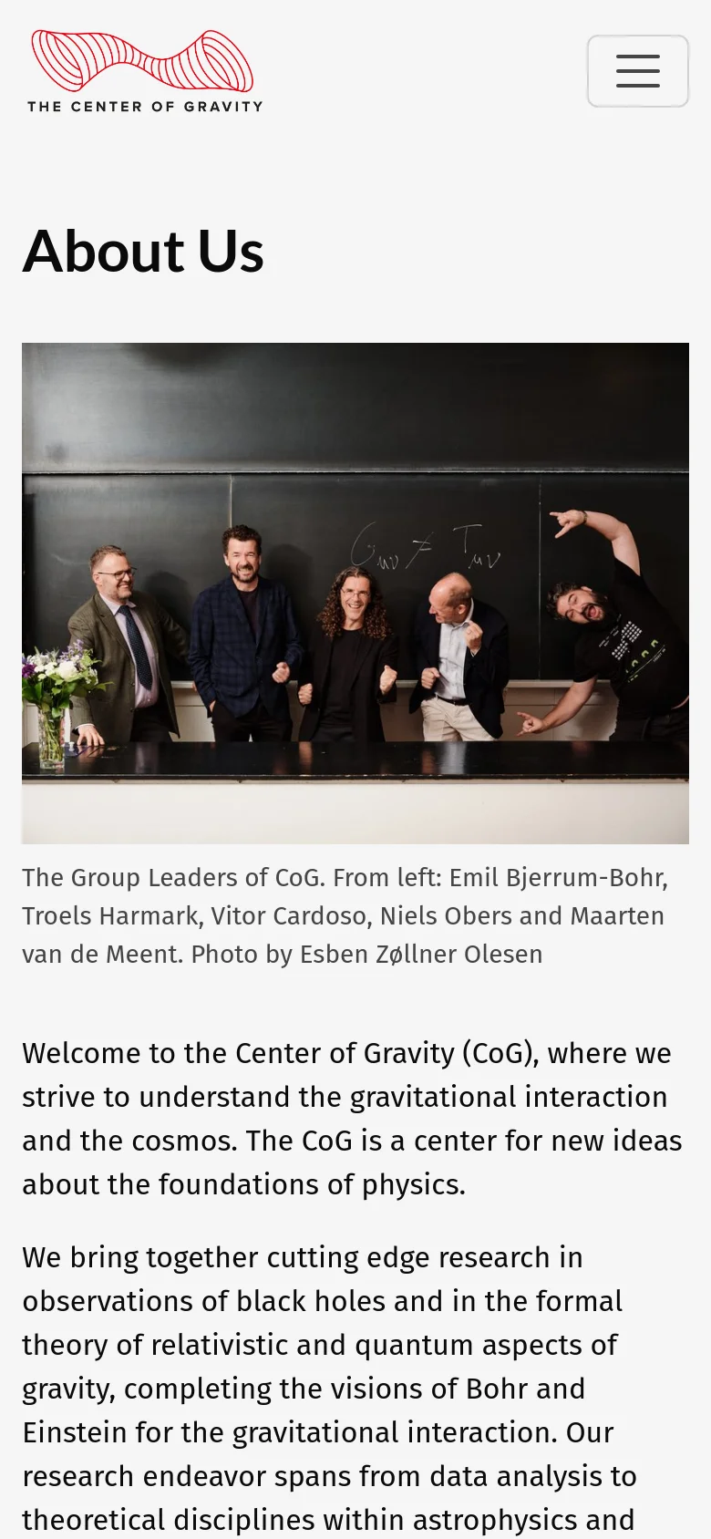 The mobile version simplifies the layout, replacing the top navigation menu with a hamburger icon on the right. The content remains centered, featuring the 'About Us' heading, the group photo of the five leaders, and the introductory text stacked vertically.