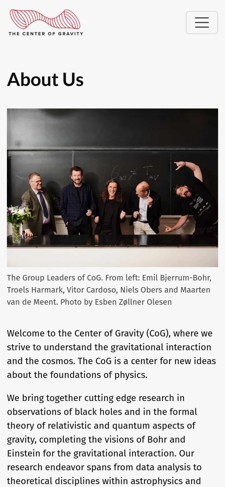 The mobile version simplifies the layout, replacing the top navigation menu with a hamburger icon on the right. The content remains centered, featuring the 'About Us' heading, the group photo of the five leaders, and the introductory text stacked vertically.