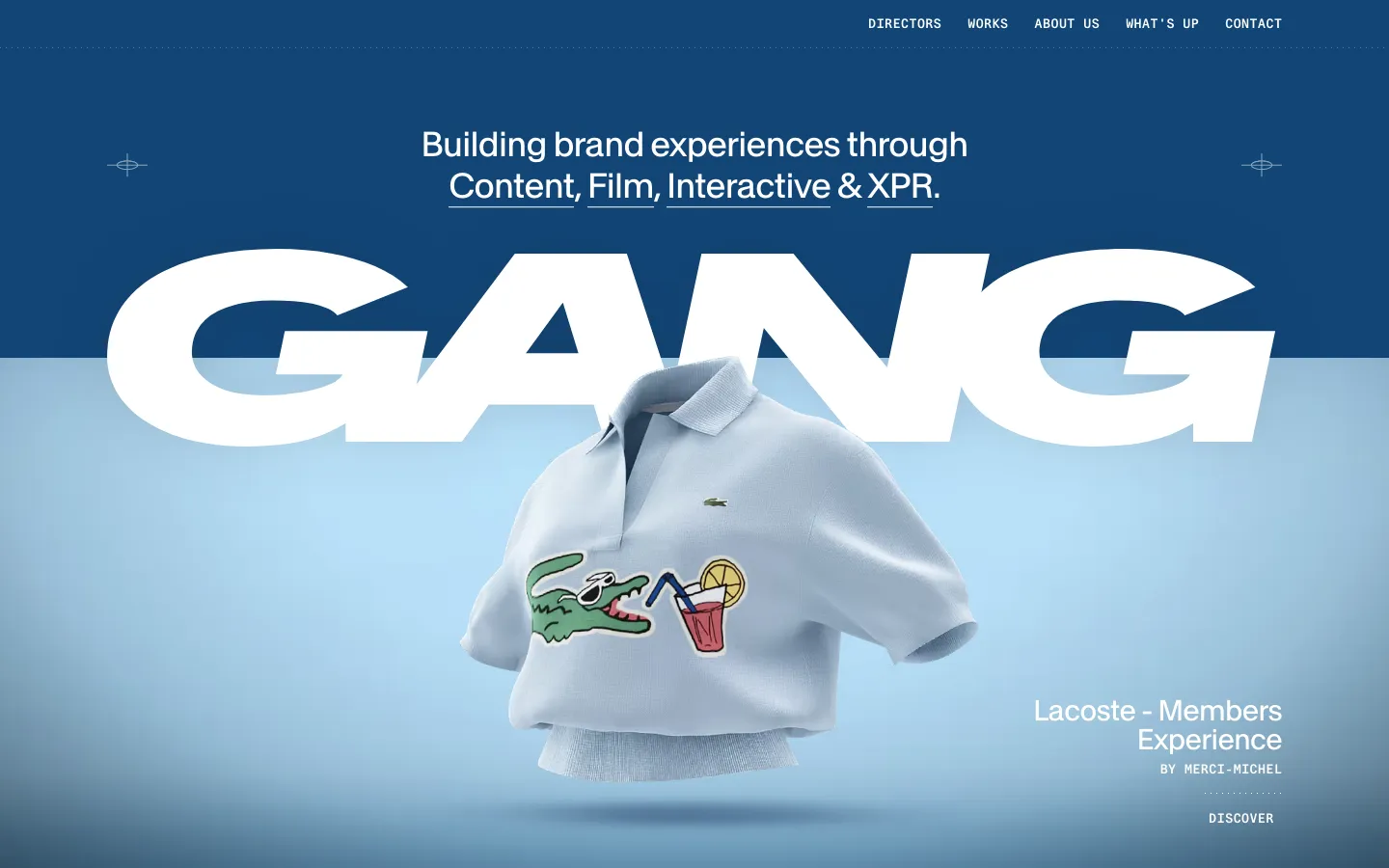 The desktop homepage features a large, bold white 'GANG' headline set against a split blue and light blue background. A central hero image shows a light blue polo shirt with a Lacoste crocodile and drink graphic, accompanied by the text 'Lacoste - Members Experience' and a 'DISCOVER' call to action. A navigation menu is located at the top right with links for Directors, Works, About Us, What's Up, and Contact.