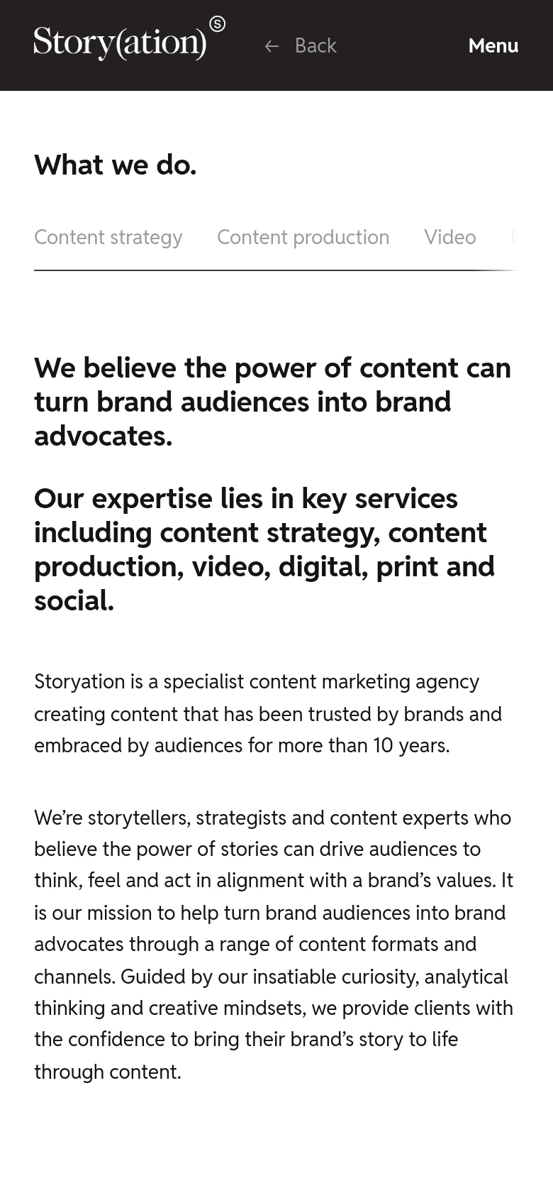 The mobile version simplifies the layout into a single vertical column, moving the navigation into a 'Menu' button in the header. The 'What we do' section is repositioned above the main content, and the text spans the full width of the screen for readability.