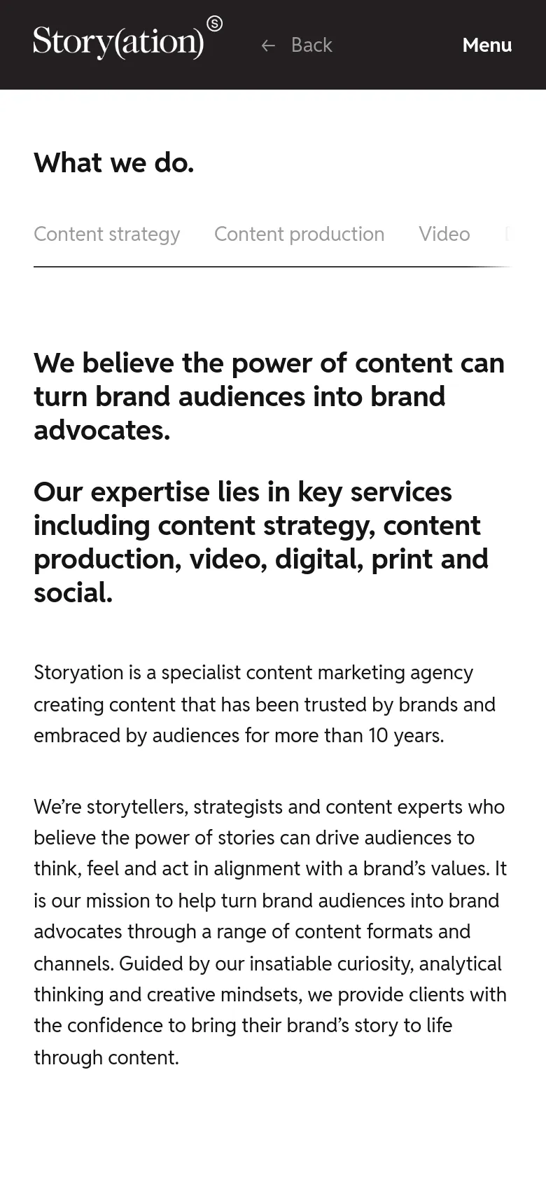 The mobile version simplifies the layout into a single vertical column, moving the navigation into a 'Menu' button in the header. The 'What we do' section is repositioned above the main content, and the text spans the full width of the screen for readability.