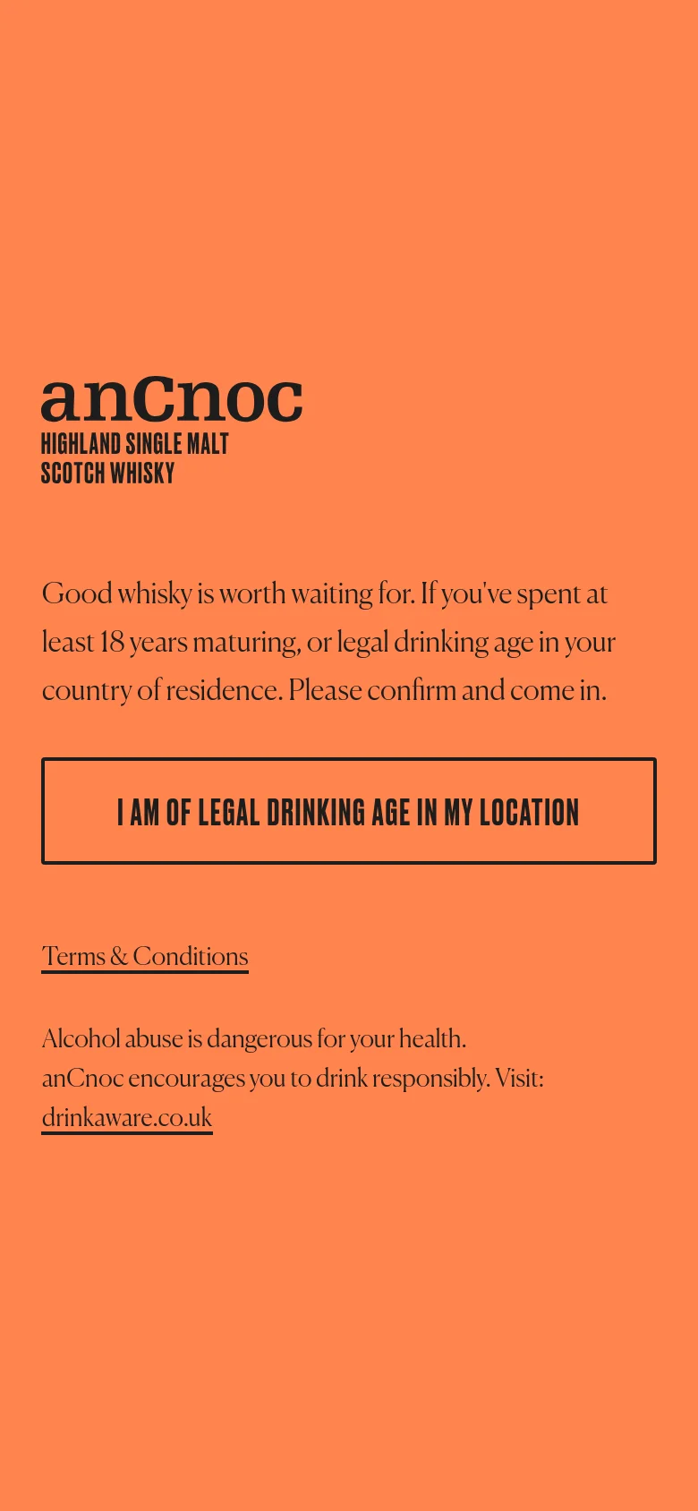 A mobile version of the age verification page with a solid orange background. The layout is vertically stacked, featuring the brand logo at the top, a centered age confirmation message, and a large, full-width button for age verification.