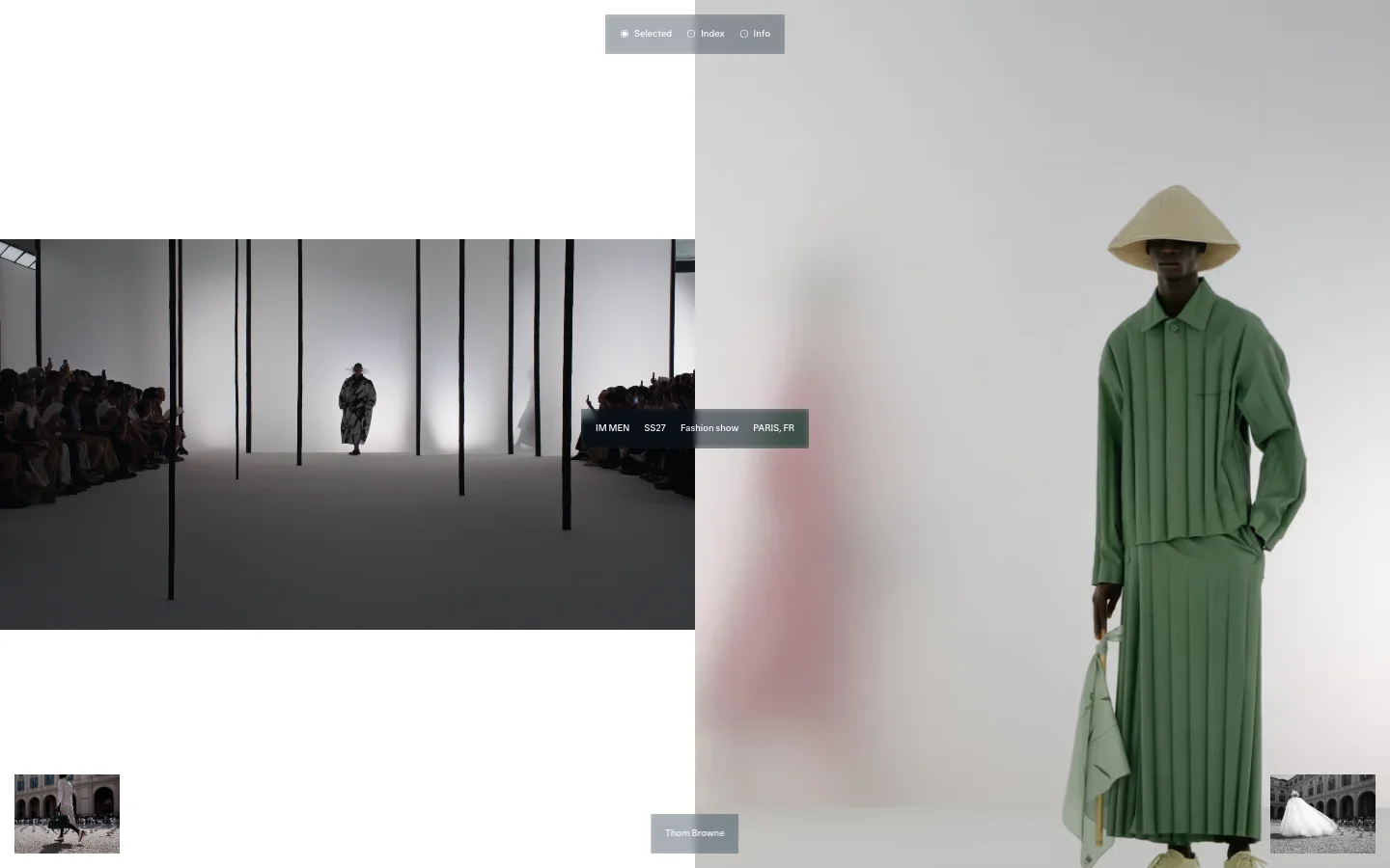 The desktop homepage features a minimalist, high-fashion aesthetic with a split-screen layout. On the left, a large video or image shows a fashion runway with dark vertical poles and a model, while the right side displays a full-length shot of a model in a green pleated outfit against a light grey background. Navigation options like 'Selected', 'Index', and 'Info' are visible in a small grey box at the top center.