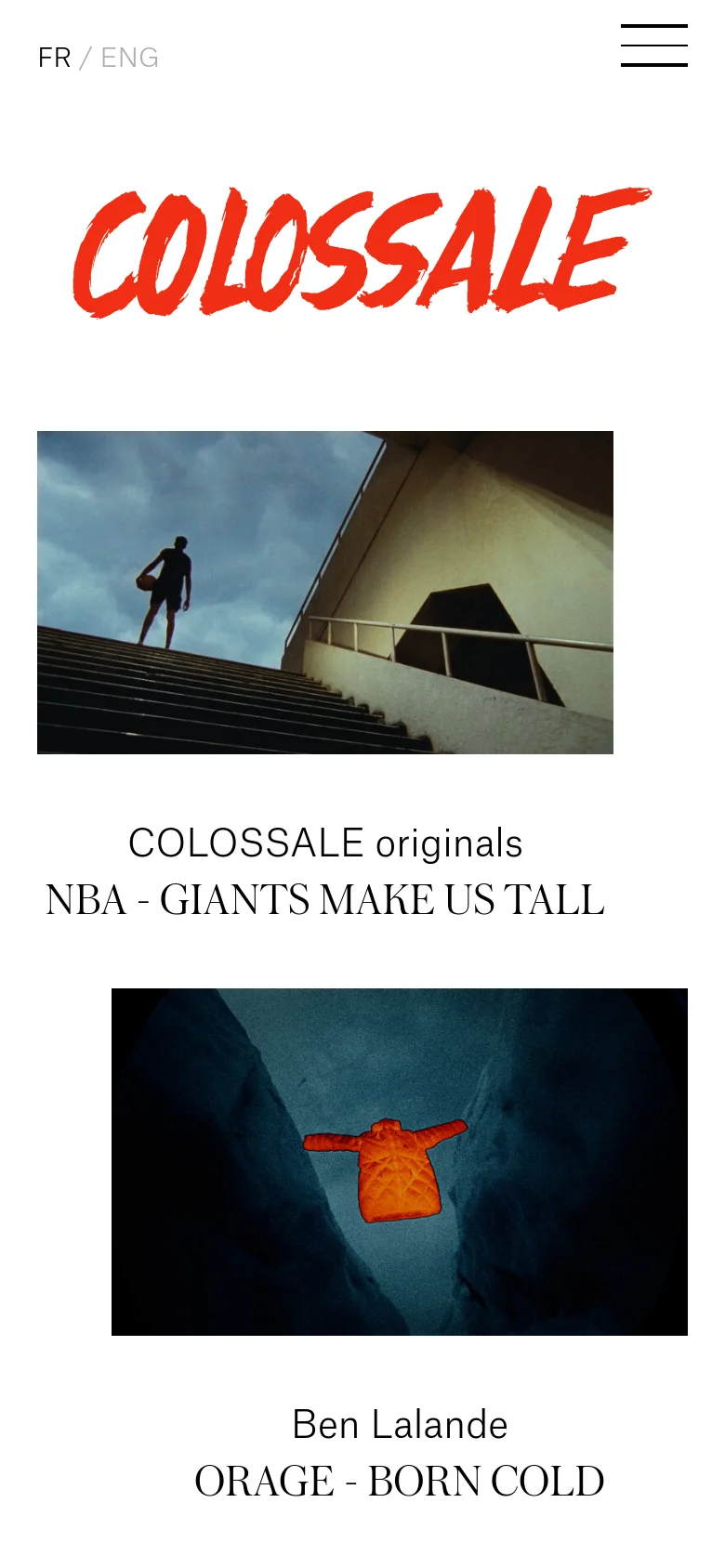 The mobile version maintains the white background and large red brush-stroke logo but uses a single-column vertical layout for the project thumbnails. The navigation is condensed into a hamburger menu icon in the top right, while language options remain in the top left.