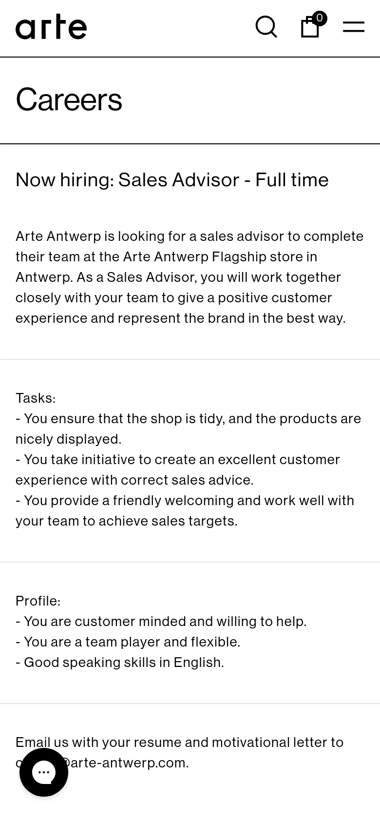 The mobile version presents a simplified, single-column layout optimized for vertical scrolling. The header is condensed with a hamburger menu and a search icon, while the job description text is stacked vertically for readability. The overall minimalist aesthetic and high-contrast black-on-white color scheme remain consistent with the desktop version.